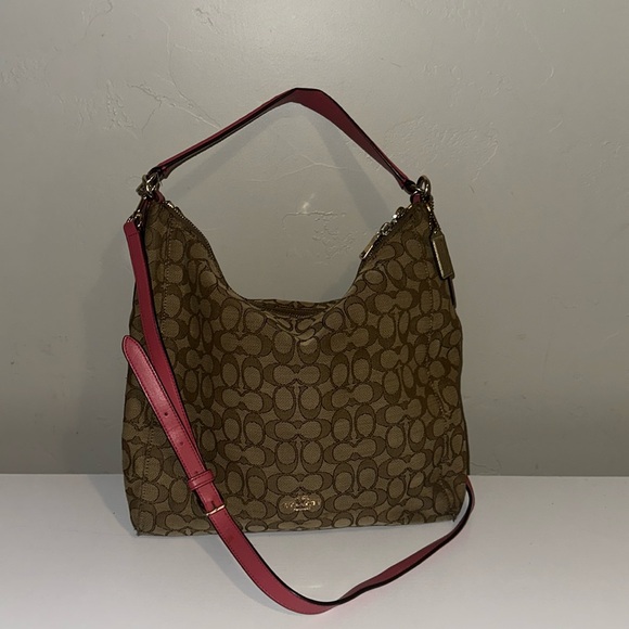 Coach Handbags - Coach Signature Celeste Jacquard Pink Leather Trim Crossbody Shoulder Purse